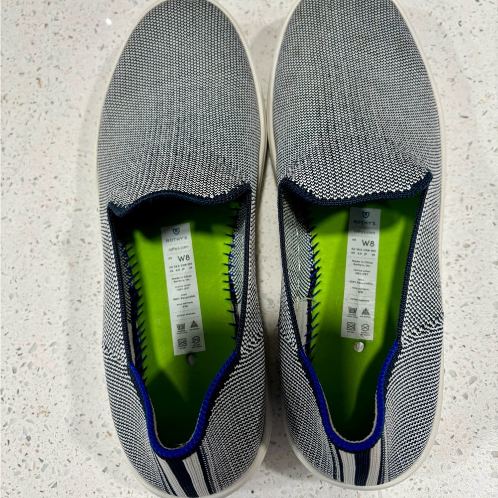 Rothy’s Anchor Blue/white Slip-On Sneakers, size 8